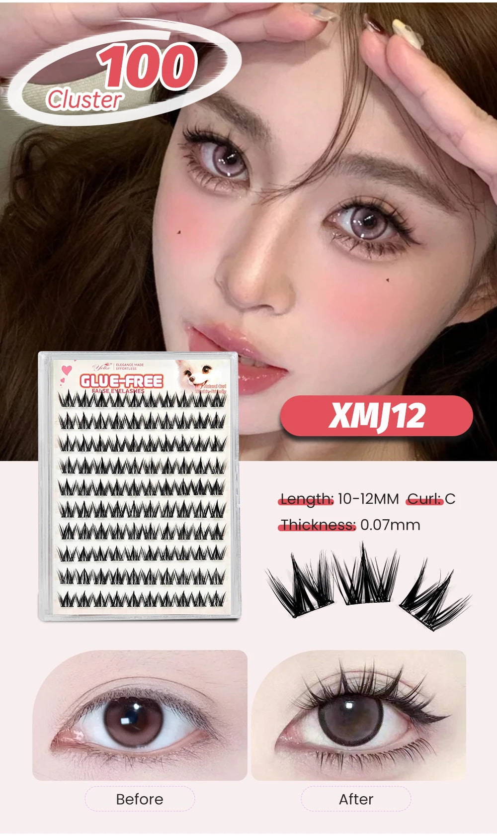 Yelix Self Adhesive Korean Manga Style Cluster Lashes 10 Row Natural Soft