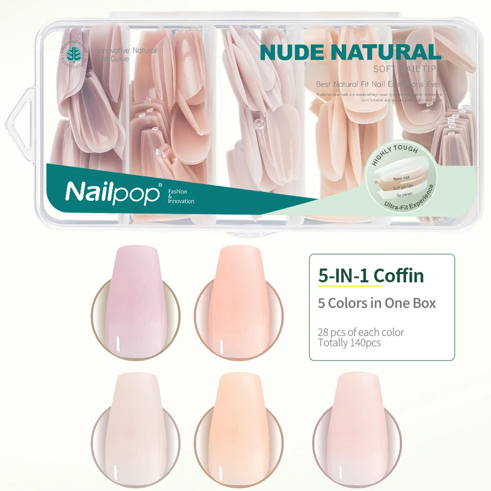 Nail pop 5-in-1 coffin nail set with nude natural colors on a white background
