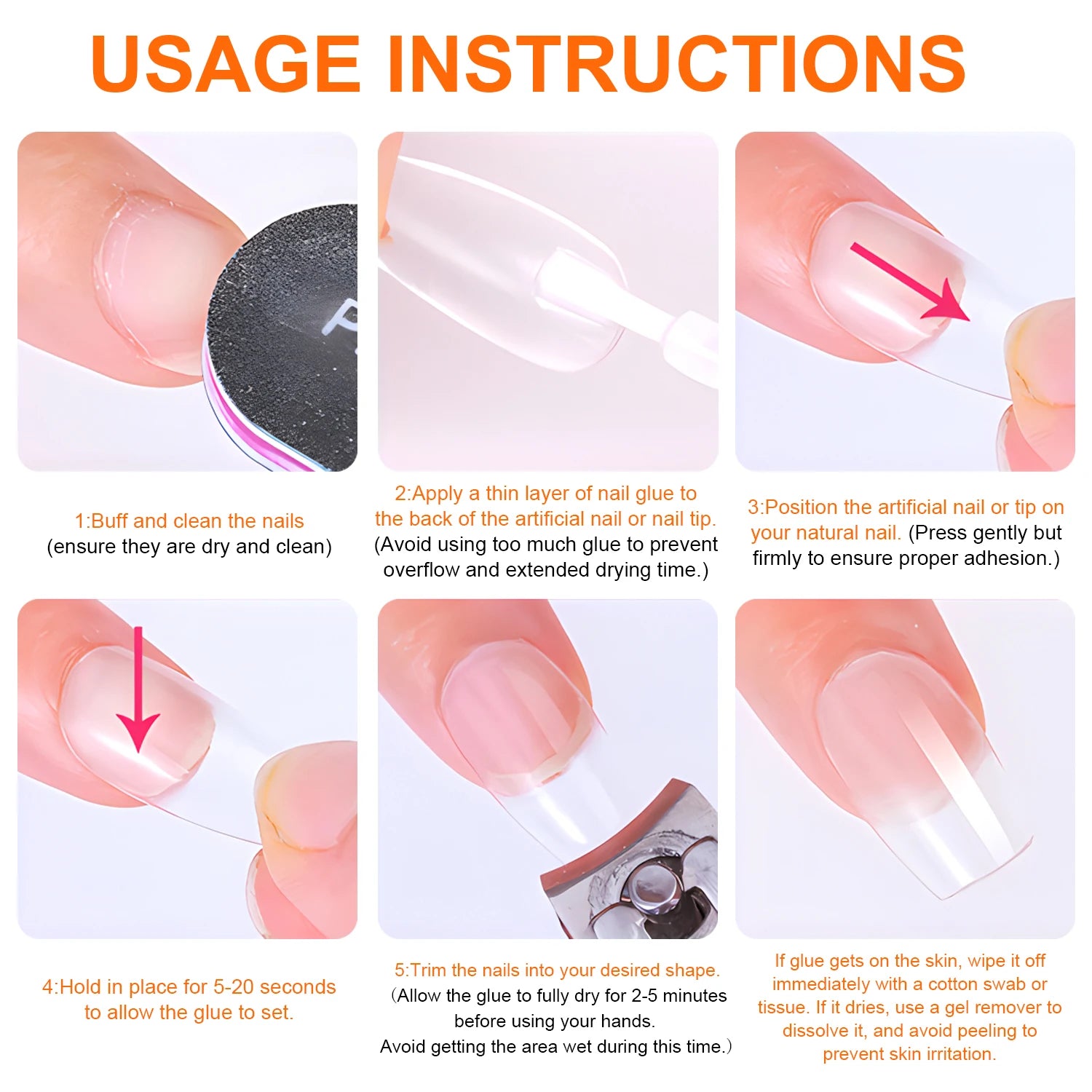 Step-by-step usage instructions for applying artificial nails.