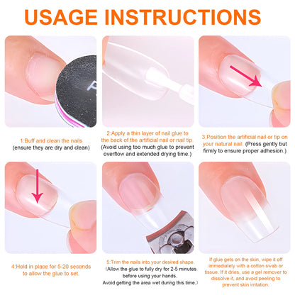 Step-by-step usage instructions for applying artificial nails.