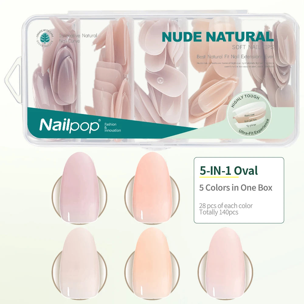 Nail pop nail extensions packaging with nude natural color swatches and product details.