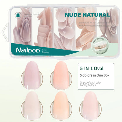 Nail pop nail extensions packaging with nude natural color swatches and product details.
