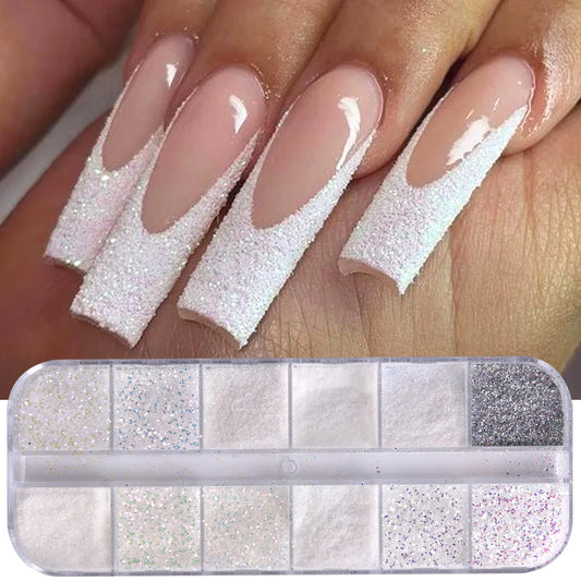 12 Grid White Sugar Iridescent Nail Glitter Flakes Set