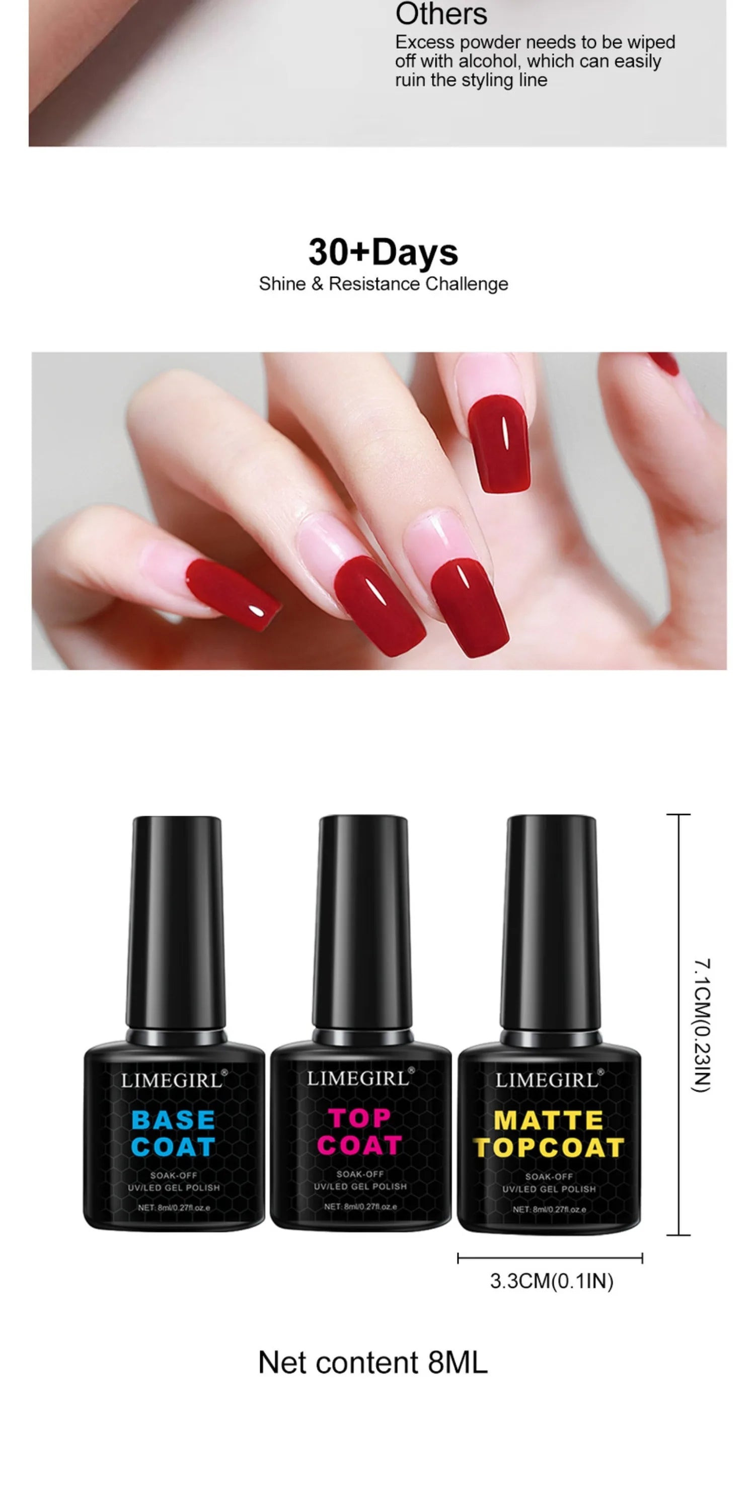 Nail polish bottles with a hand displaying red and pink nails, and text about a 30-day challenge.