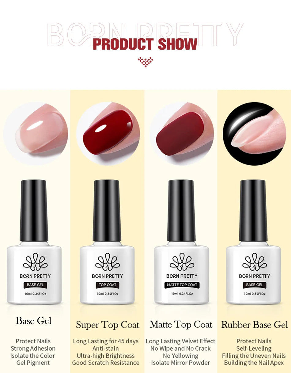 Set of Born Pretty nail gel products including base gel, super top coat, matte top coat, and rubber base gel on a white background.