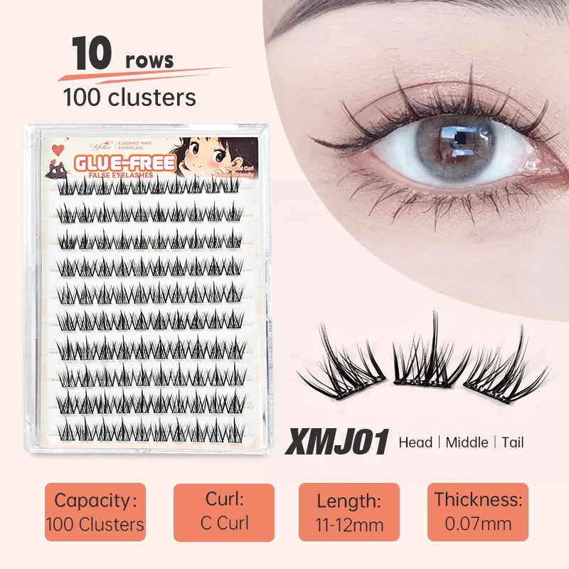 Yelix Self Adhesive Korean Manga Style Cluster Lashes 10 Row Natural Soft