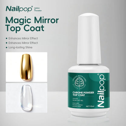 Nailpop Magic Mirror Top Coat bottle and packaging on a gray background