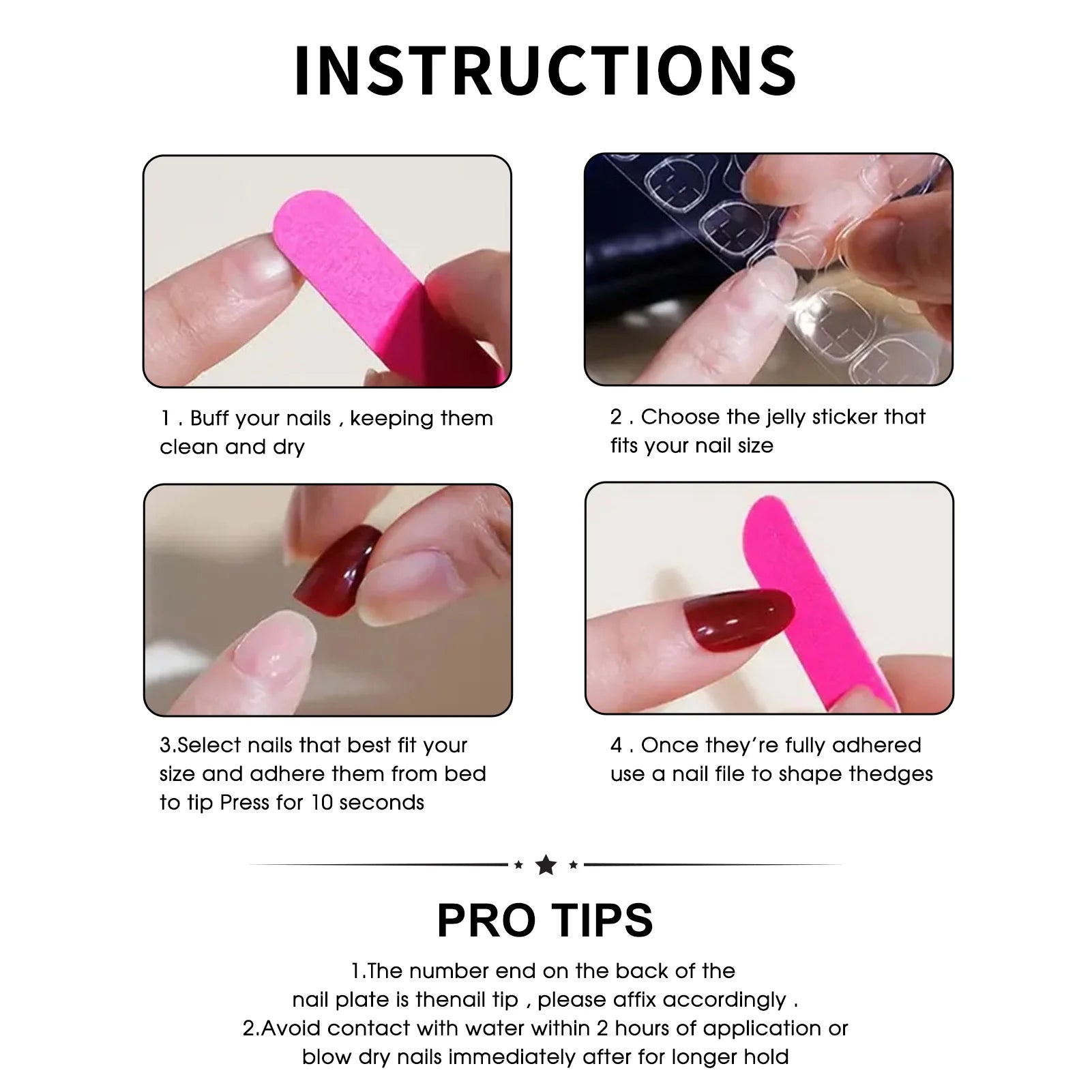 Instructions for using nail extensions with images and text on a white background