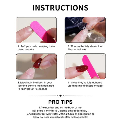 Instructions for using nail extensions with images and text on a white background