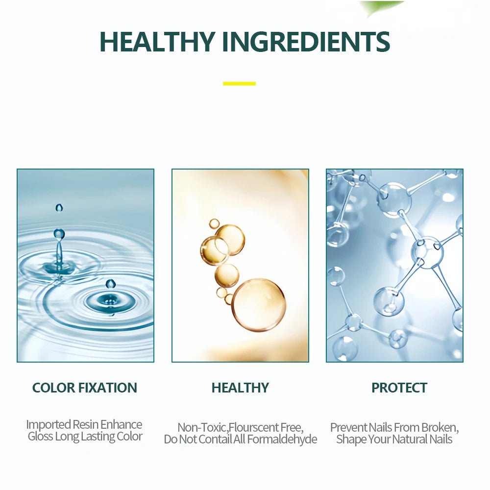 Healthy ingredients for nail care with water droplets, bubbles, and molecular structure on a white background.