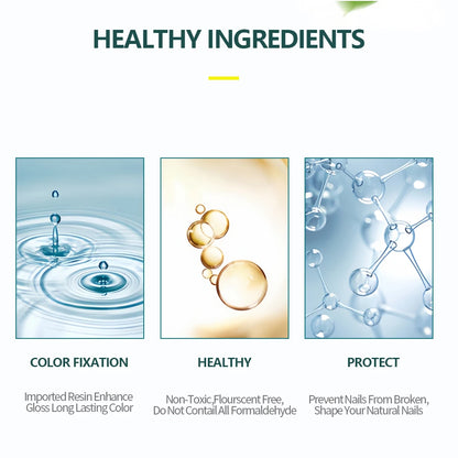 Healthy ingredients for nail care with water droplets, bubbles, and molecular structure on a white background.
