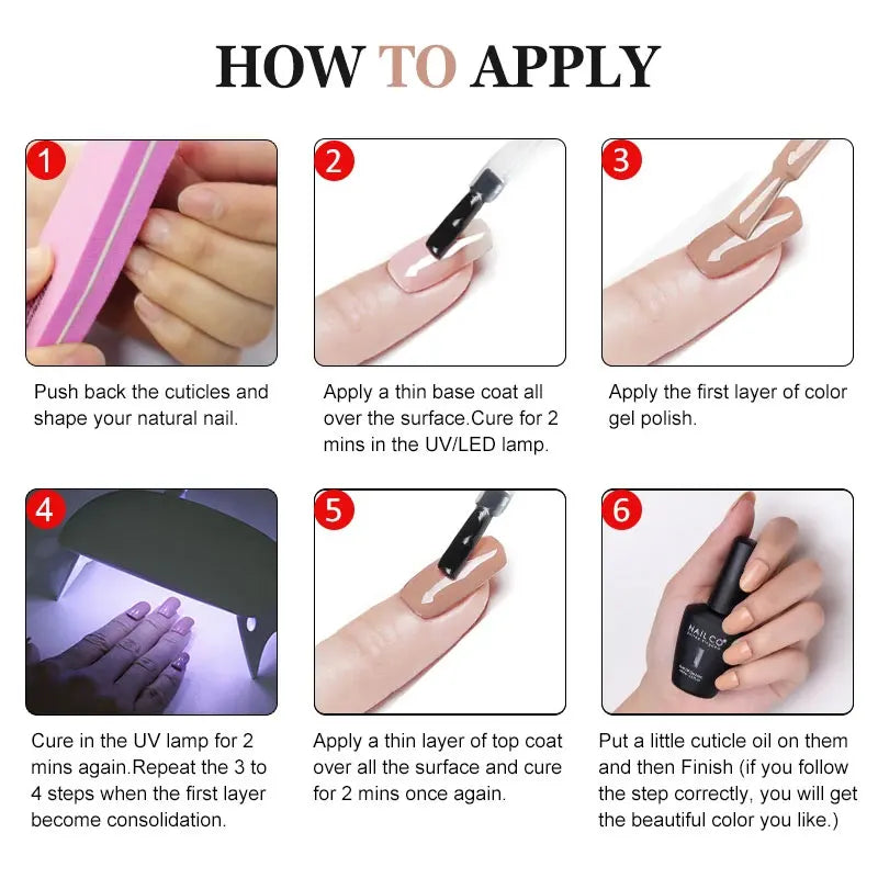 Step-by-step guide on how to apply gel nail polish with images and text.