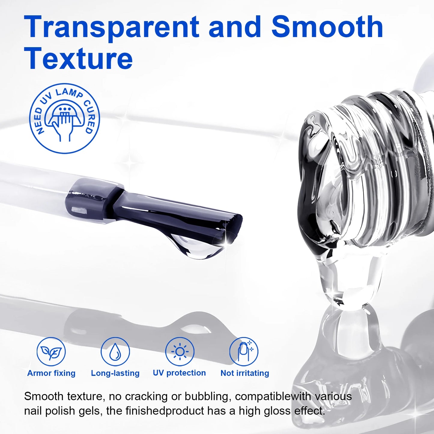 Transparent nail polish bottle with text highlighting features on a white background