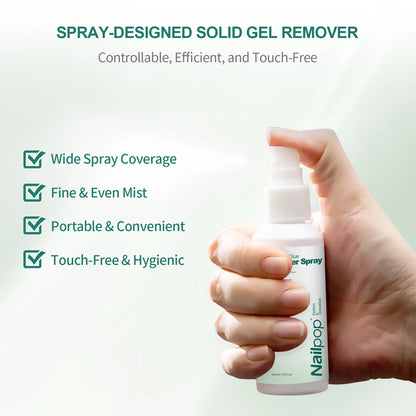 Hand holding a spray bottle labeled 'Nailoop' with text highlighting features on a light green background