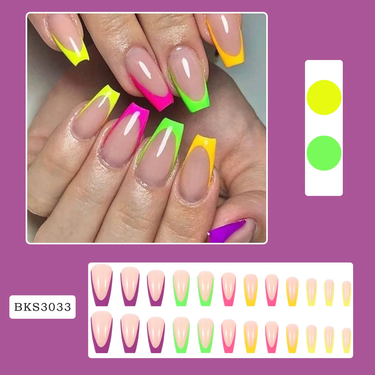 Nail art design with neon green, pink, and yellow nails on a purple background.