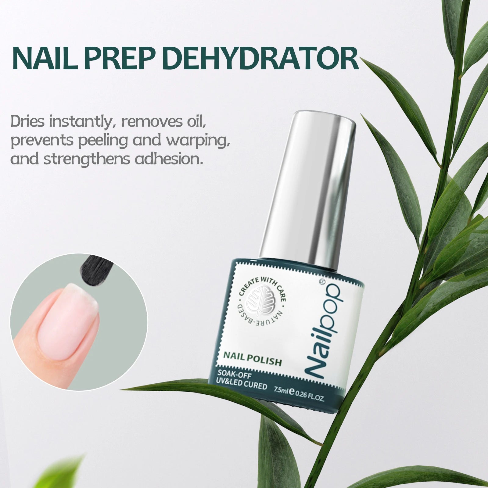 Nail prep dehydrator bottle with green leaves in the background
