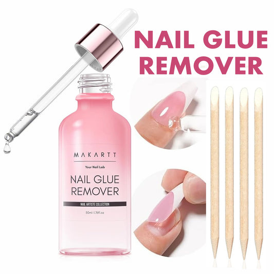 Pink nail glue remover bottle with applicator, dropper, and wooden sticks on a white background.