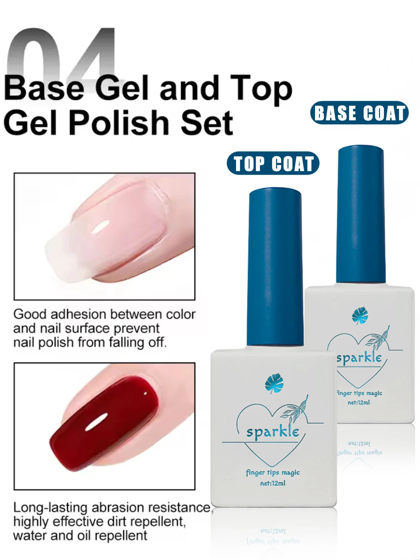 Base and top gel polish set with product images and text on a white background
