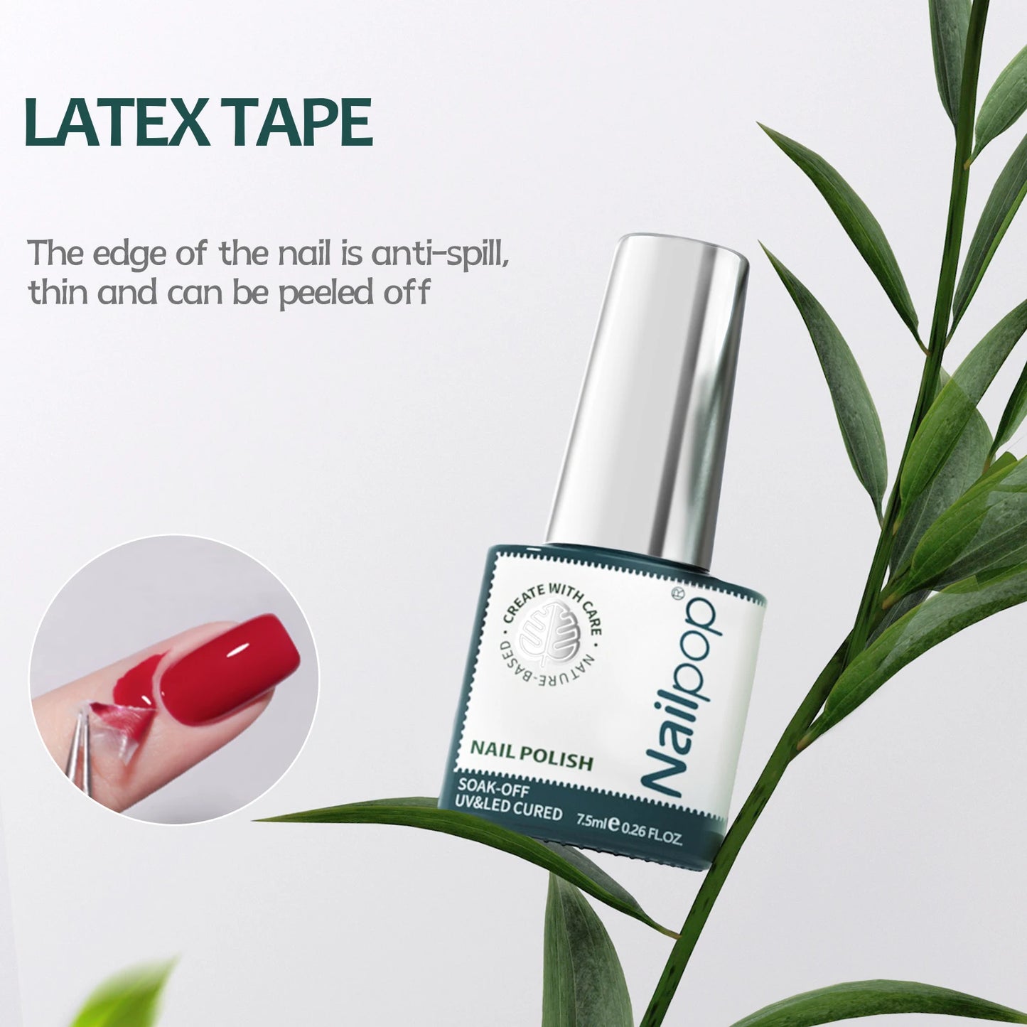 Nail polish bottle with green leafy background and text about latex tape.