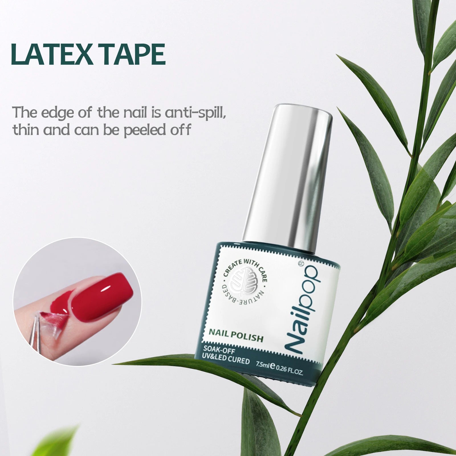 Nail polish bottle with green leafy background and text about latex tape.