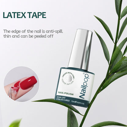 Nail polish bottle with green leafy background and text about latex tape.