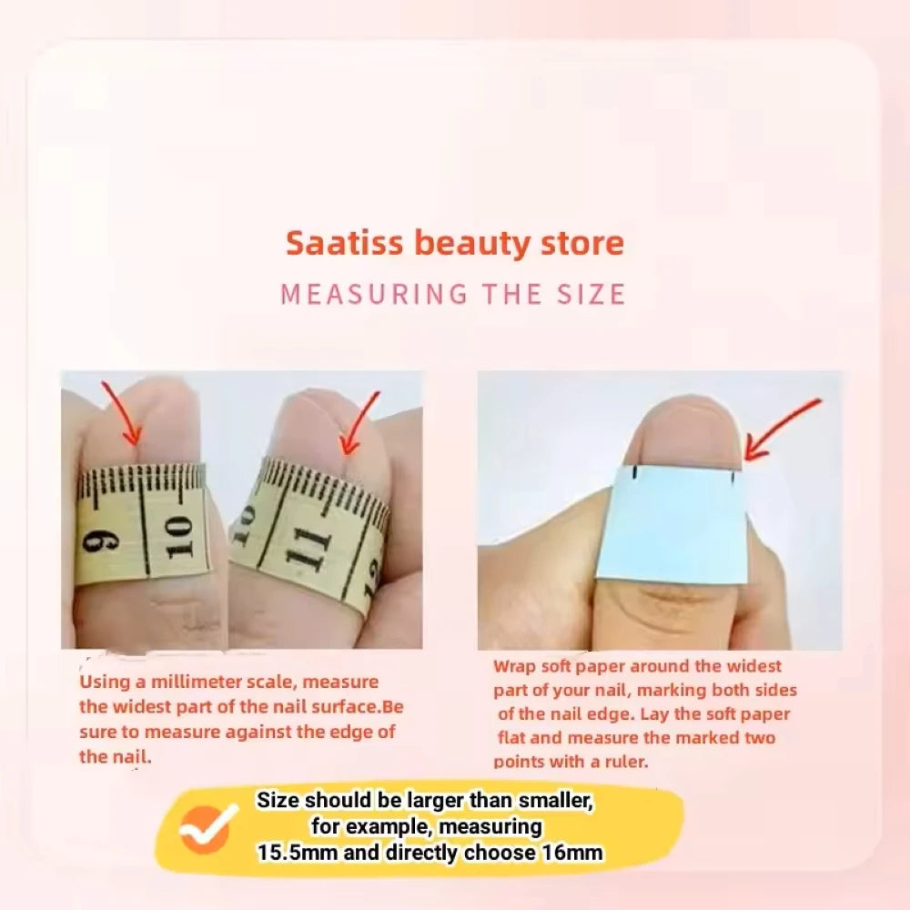 Instructions for measuring nail size using a millimeter scale and soft paper, with text from Saatiss beauty store.