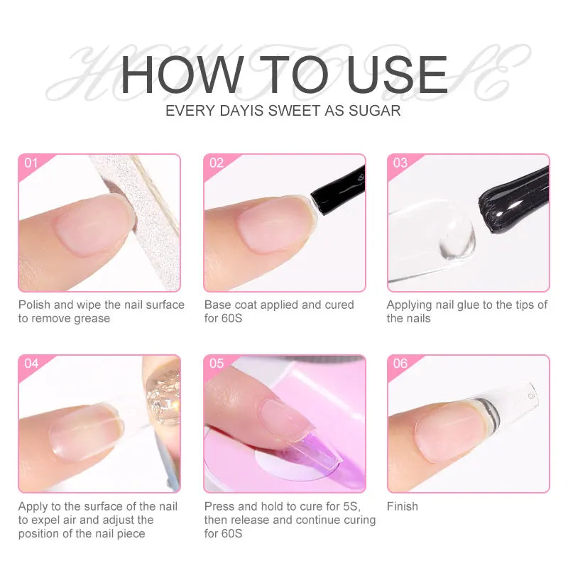 Step-by-step guide on how to use nail polish with images of hands and tools.