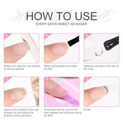 Step-by-step guide on how to use nail polish with images of hands and tools.