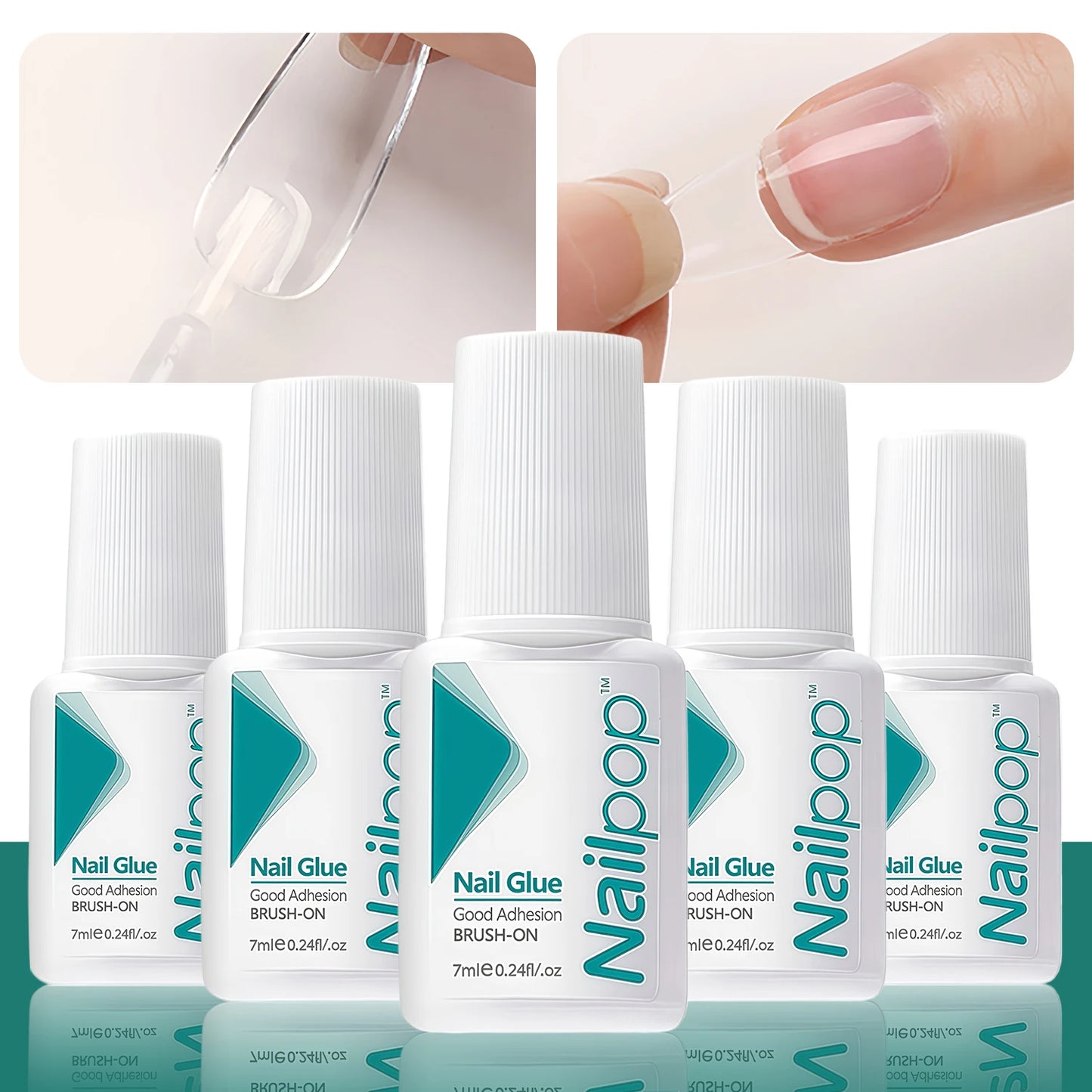 Nailpop nail glue bottles with a close-up of a hand applying glue to a nail.
