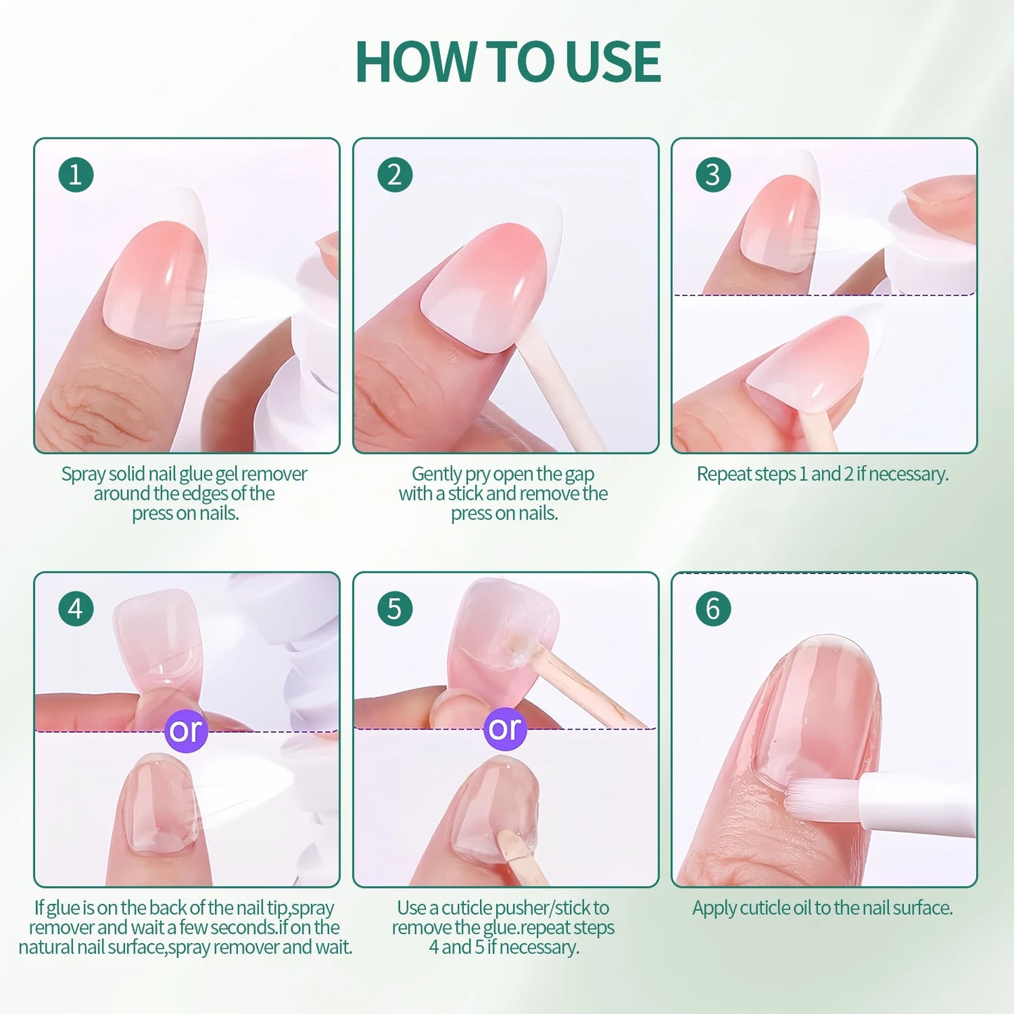 Step-by-step guide on how to use nail glue remover with text instructions.