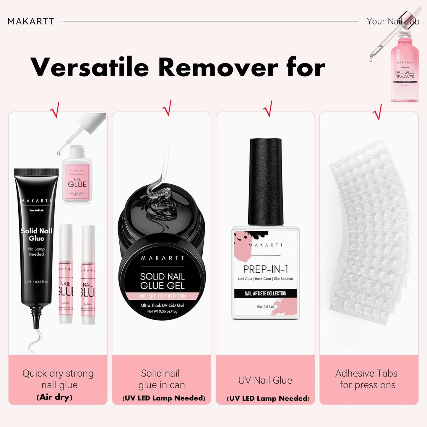 Makartt nail care products including a remover, glue, and prep solution on a white background.
