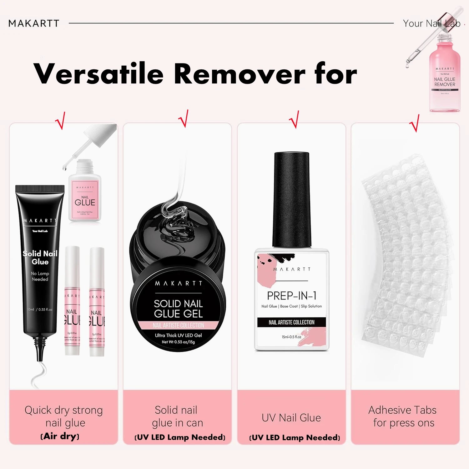 Makartt nail care products including a remover, glue, and prep solution on a white background.