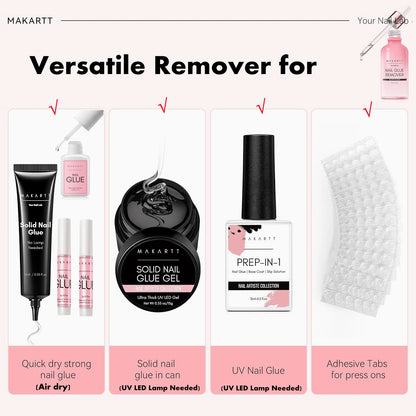 Makartt nail care products including a remover, glue, and prep solution on a white background.
