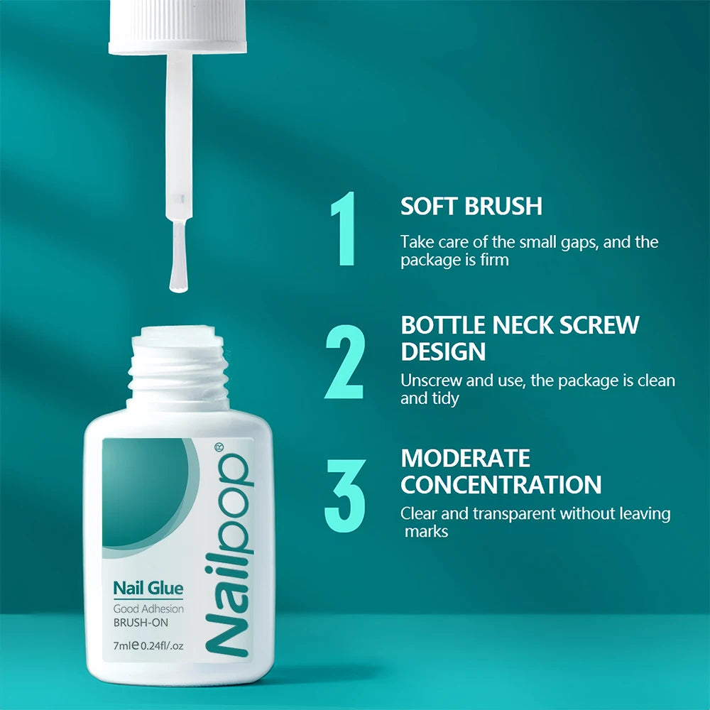 Nail pop nail glue bottle with dropper on a teal background