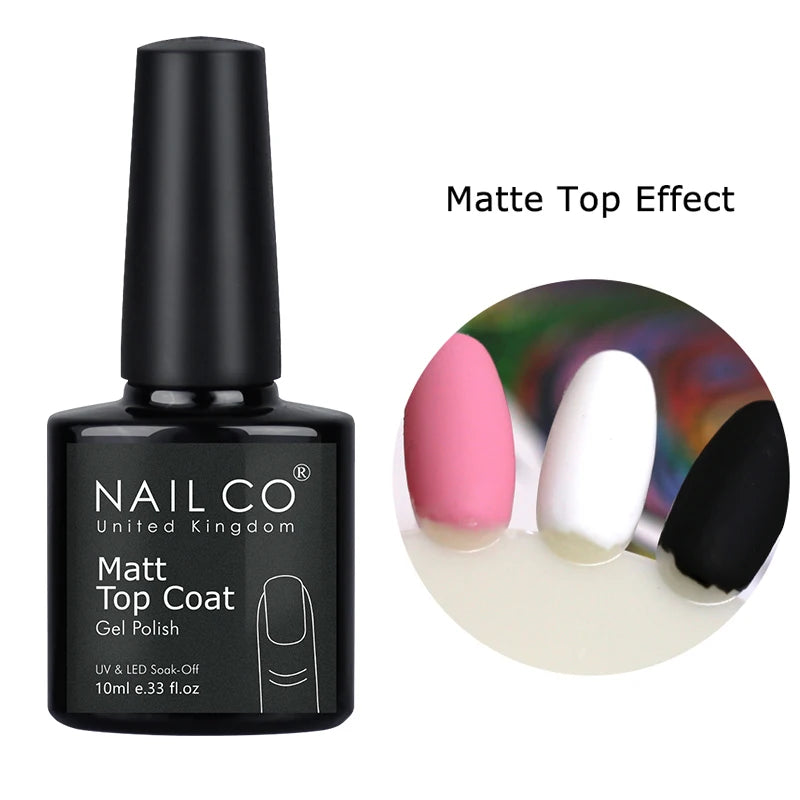 Nail polish bottle with 'NAIL CO' branding and a close-up of a nail with a matte topcoat effect.