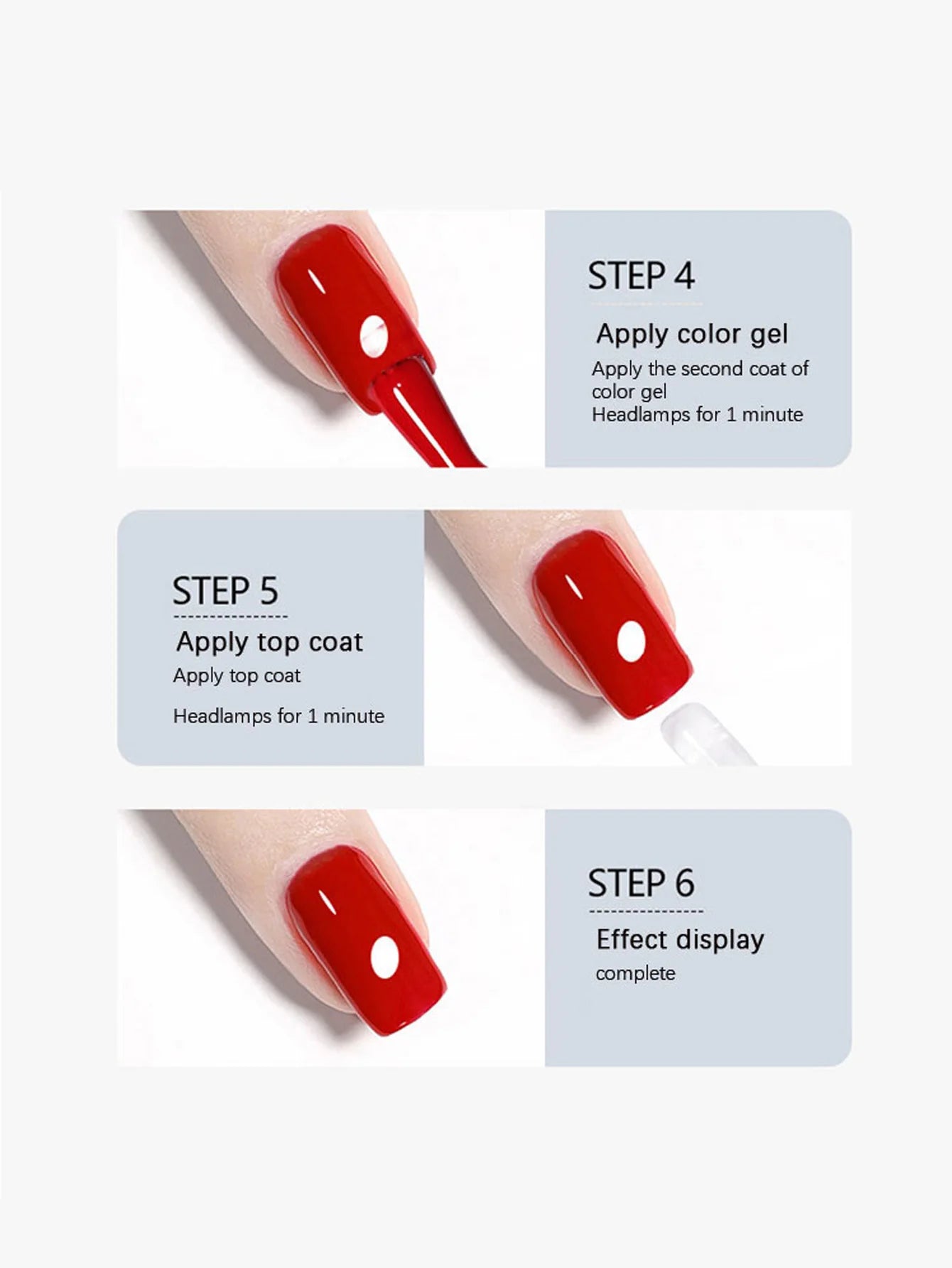 Steps for applying red nail color gel with text labels on a white background