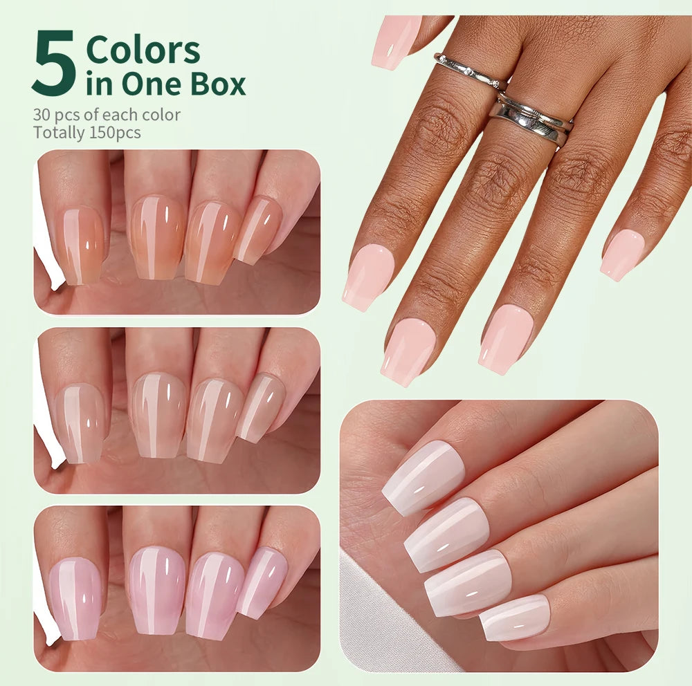 Nail polish set with five colors shown on nails and a hand wearing rings.