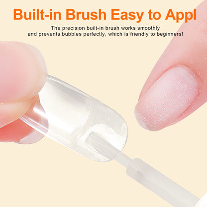 Nail polish application with a built-in brush on a beige background