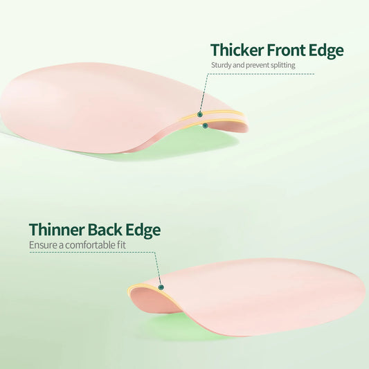 Illustration of a shoe sole with thicker front edge and thinner back edge on a light green background.