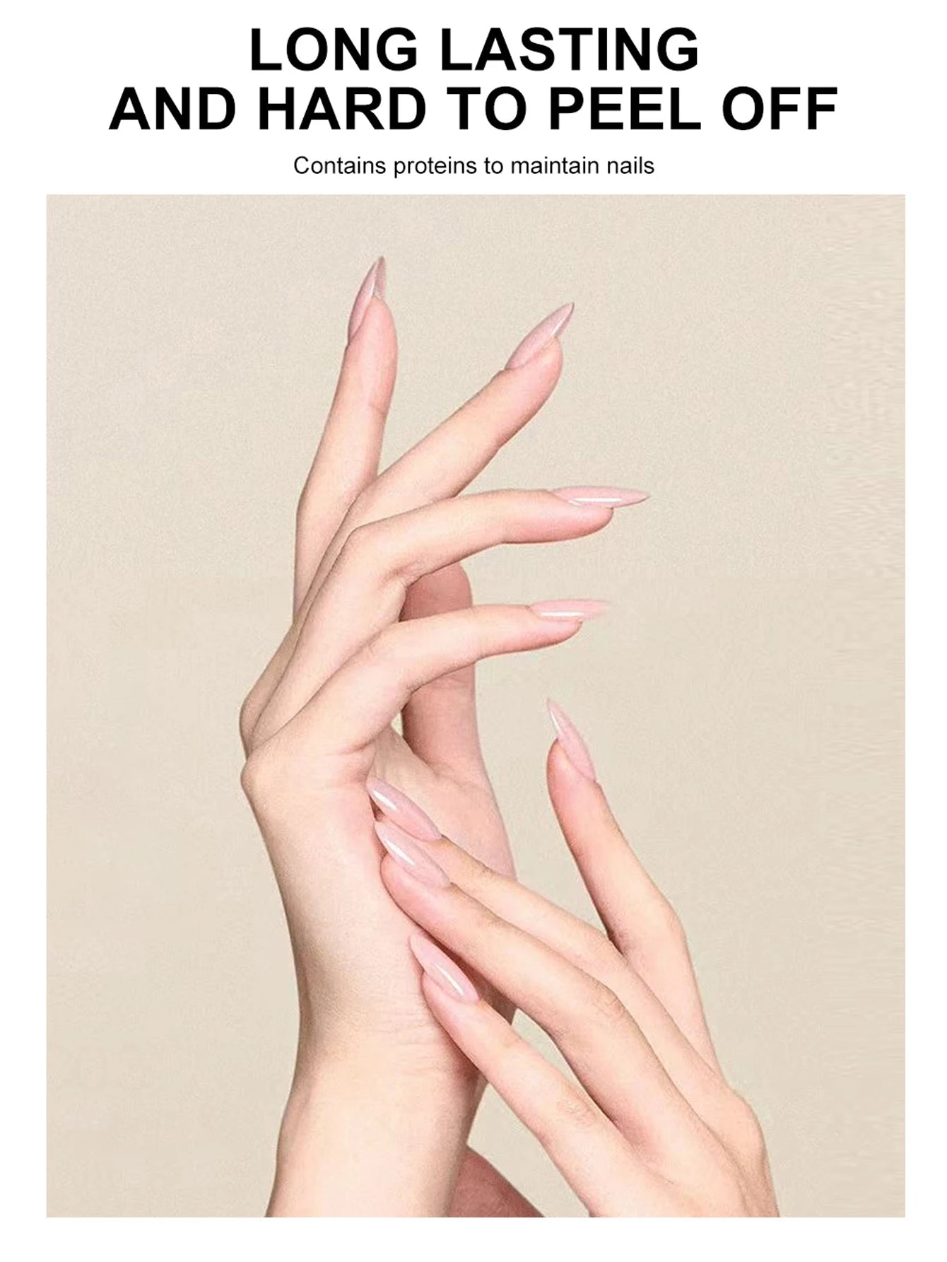 Close-up of hands with long, manicured nails on a beige background