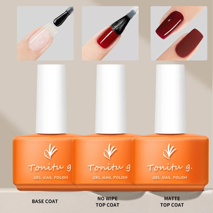 Three bottles of Tonitu gel nail polish with application examples on nails.