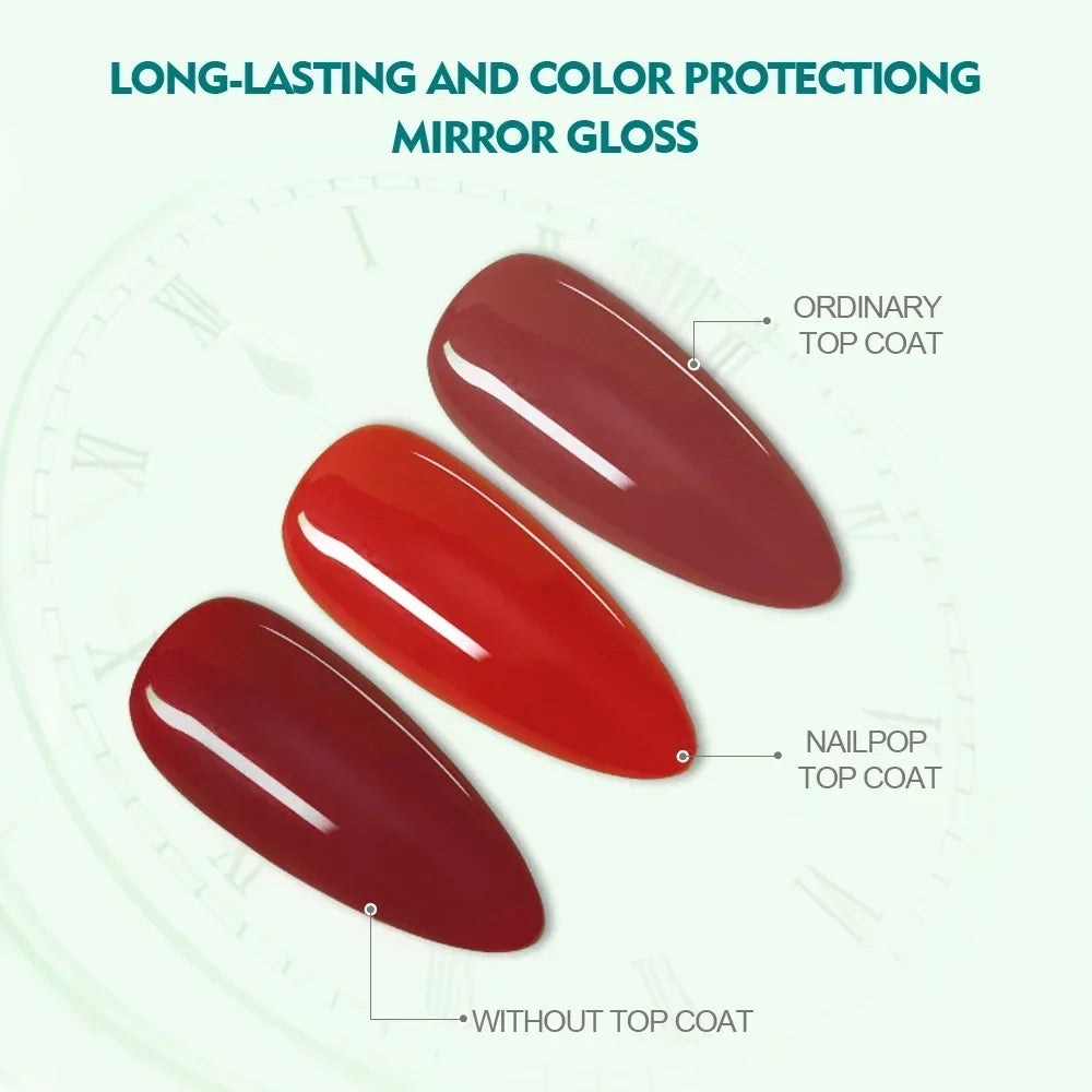 Red nail polish samples with top coat comparison on a white background
