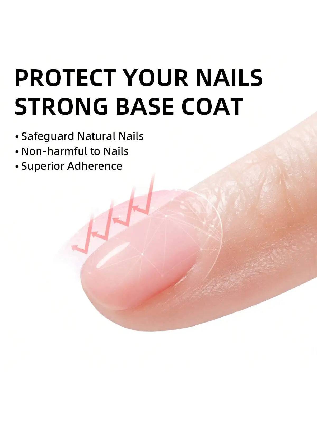 Finger with a clear nail polish application and text about nail protection.
