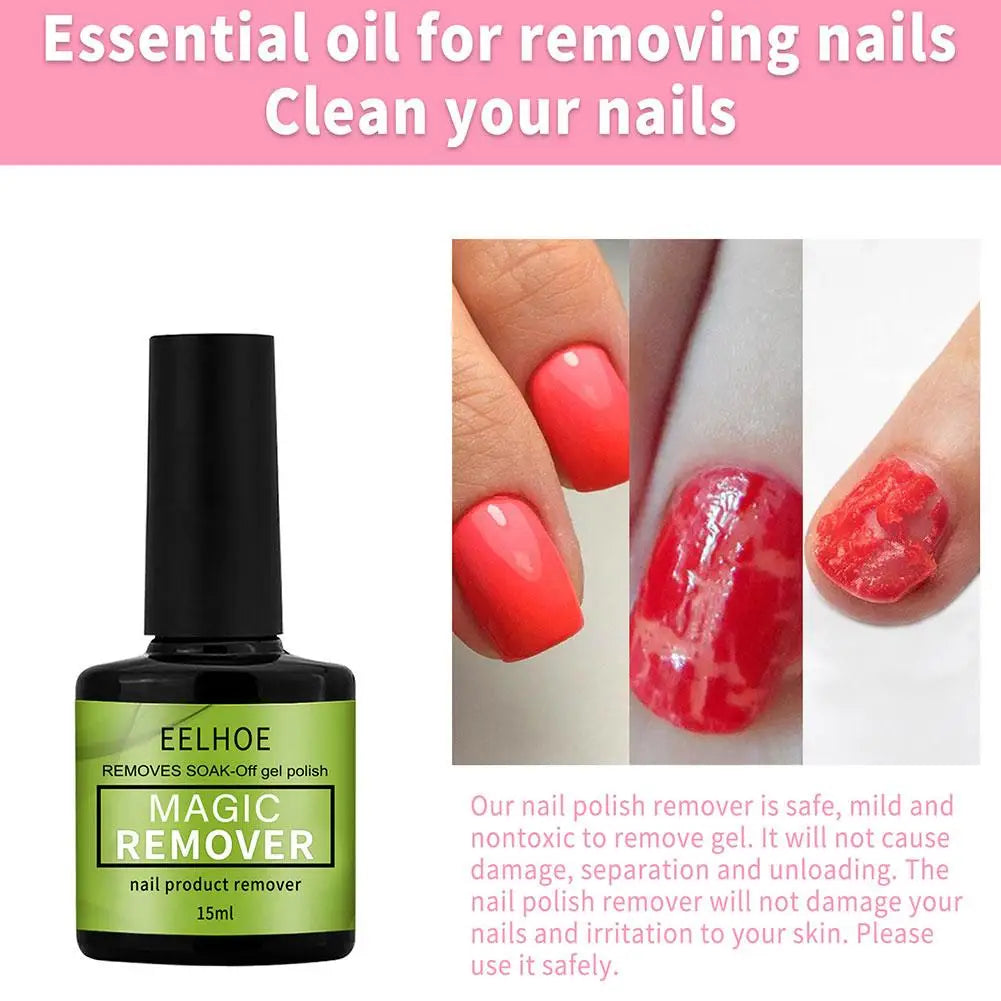 Eelhoe nail polish remover bottle with before and after images of nails being cleaned.