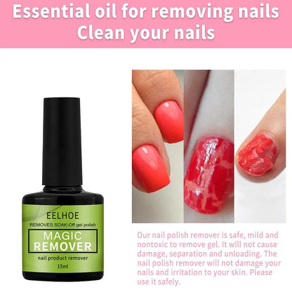 Eelhoe nail polish remover bottle with before and after images of nails being cleaned.
