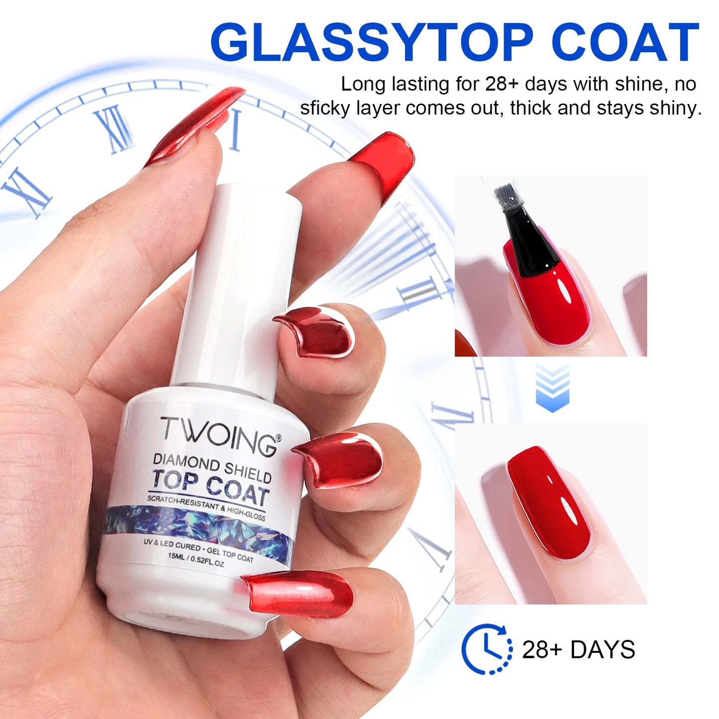 Hand holding a bottle of 'TWOING' diamond shield top coat with red nails and text about its longevity.