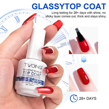 Hand holding a bottle of 'TWOING' diamond shield top coat with red nails and text about its longevity.