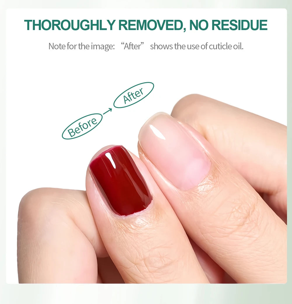 Comparison of a nail with red polish before and after using cuticle oil, with text indicating thorough removal and no residue.