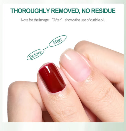 Comparison of a nail with red polish before and after using cuticle oil, with text indicating thorough removal and no residue.