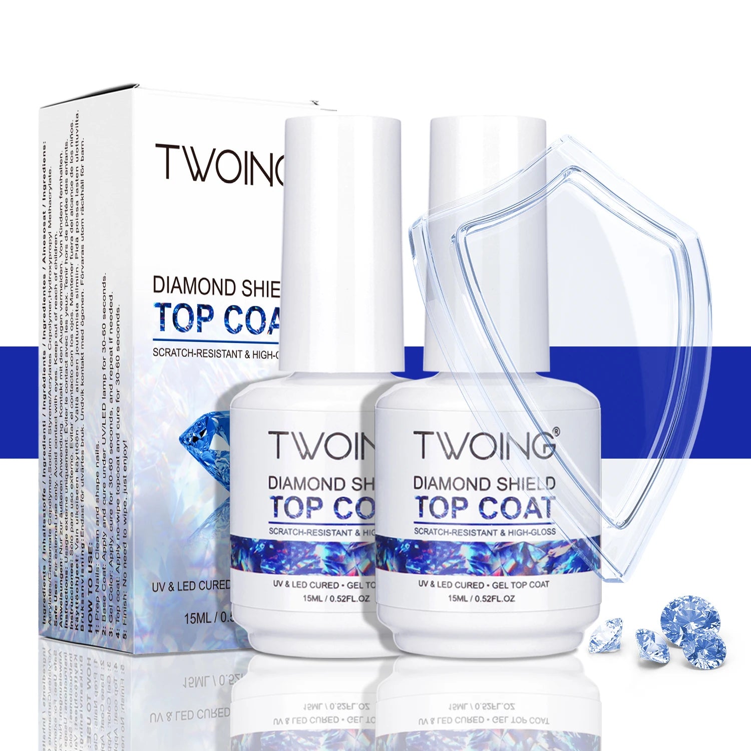 Two bottles of TWOING Diamond Shield Top Coat with packaging and a shield on a white background.